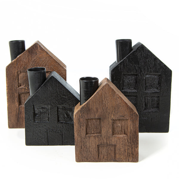 4 Häuser Kerzenhalter für Stabkerzen Holz braun schwarz modern Weihnachten - Foto 1
