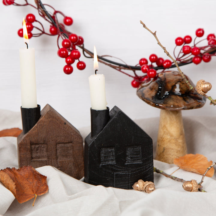 4 Häuser Kerzenhalter für Stabkerzen Holz braun schwarz modern Weihnachten - Foto 2