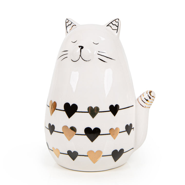Katze Dekofigur aus Keramik mit Herzen gold weiß 13 cm - Foto 1