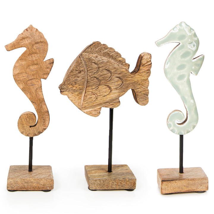 Maritime Deko Set 3-tlg. Seepferdchen + Fisch aus Holz braun mint 20 cm - Foto 1