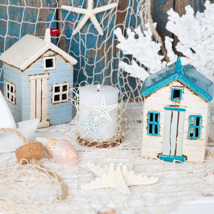 2 Strandhaus Windlichter blau creme 18 cm - Foto 2