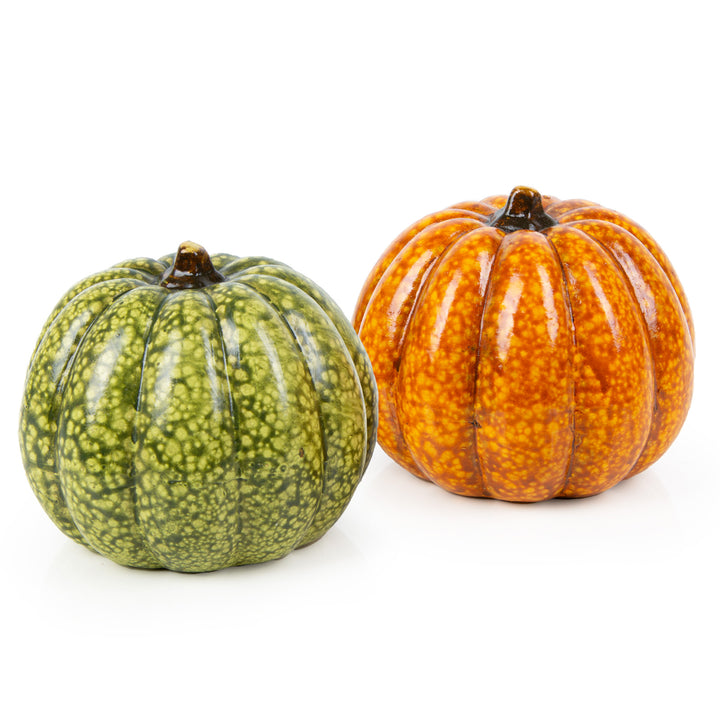 2 kleine Deko Kürbisse orange grün Zierkürbis Herbstdeko aus Keramik 8,5 cm rund - Foto 1