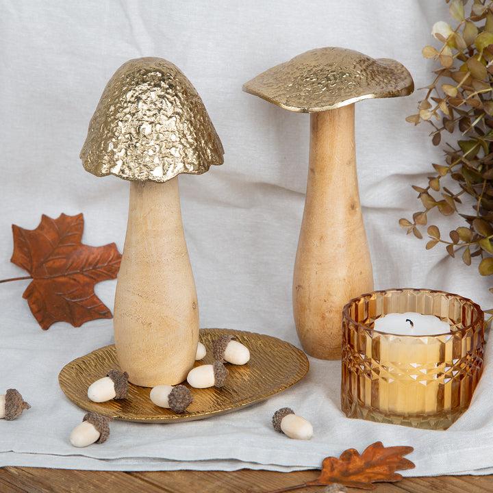 2 Pilzfiguren braun gold - aus Holz & Metall Herbstdekoration 22 cm - Foto 2
