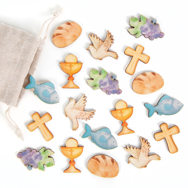 Streudeko Set 18 christliche Symbole Tischdeko aus Holz Kreuz Taube Brot - Foto 1