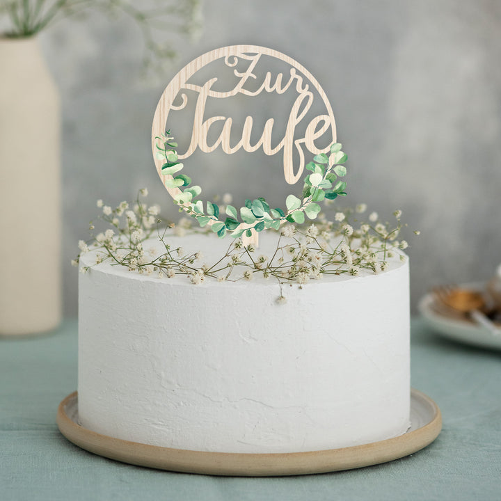 Caketopper Taufe aus Holz Eukalyptus Kuchendeko Tortendeko Deko grün natur - Foto 2