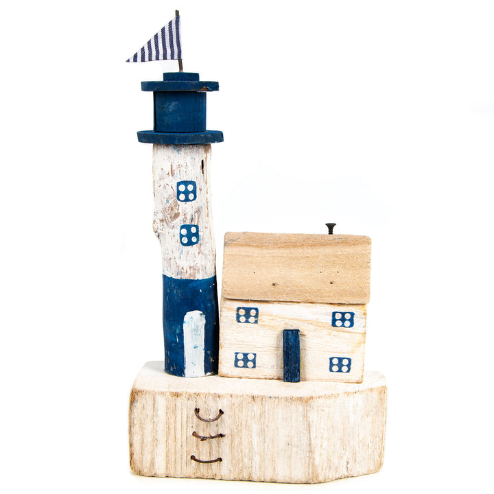Leuchtturm Figur Hafenstadt - Maritime Deko blau weiß 31 x 18 cm Holz - Foto 1