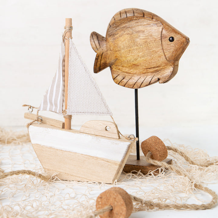 Holz Segelboot braun Natur Stoff-Segel Sommerdeko 26 cm Dekoration - Foto 2