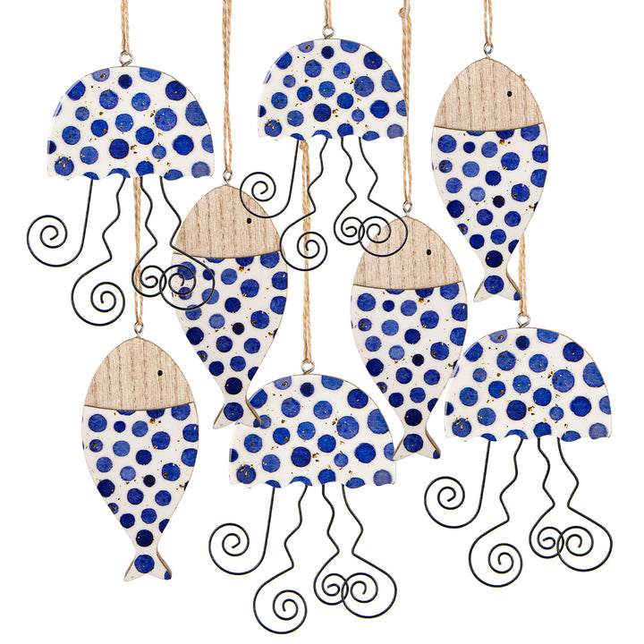 Maritime Deko Set 4 Fische + 4 Quallen Holz blau weiß gepunktet 12,5 cm - Foto 1