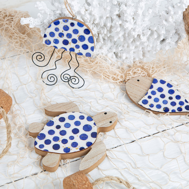 Maritime Deko Set 4 Fische + 4 Quallen Holz blau weiß gepunktet 12,5 cm - Foto 2