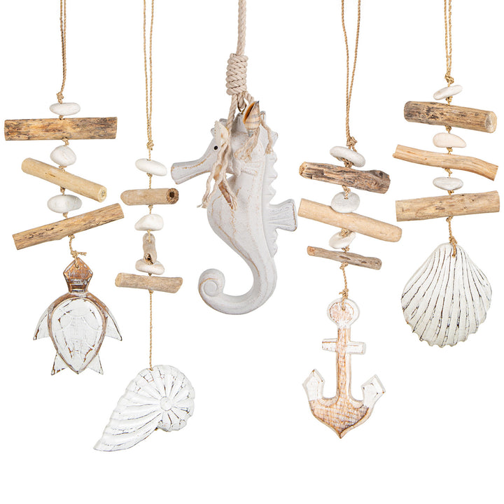 5 Windspiele maritim mit Muscheln Schildkröte Anker Fisch 35-40 cm aus Holz - Foto 1