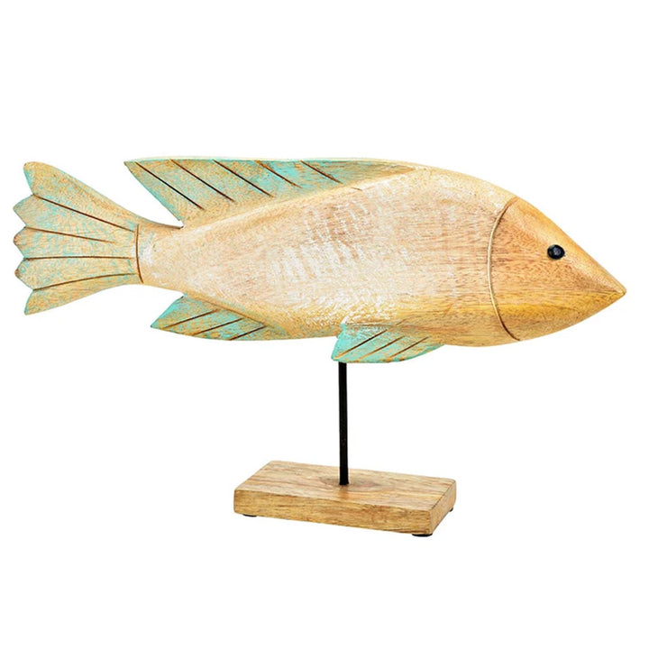 Große Holzfisch Figur zum Hinstellen 40 x 22 x 7 cm beige Mint türkis - Foto 1