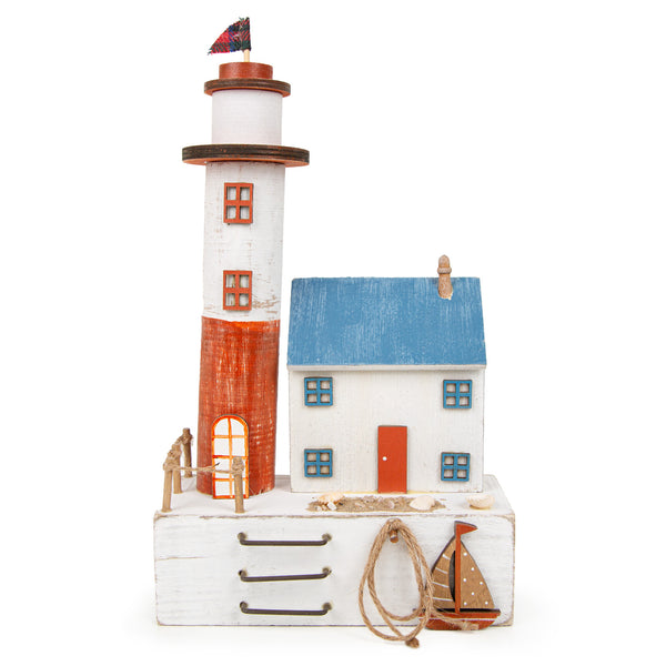 Strandhaus mit Leuchtturm als Deko in blau weiß und rot 17 x 30 x 8 cm - Foto 1