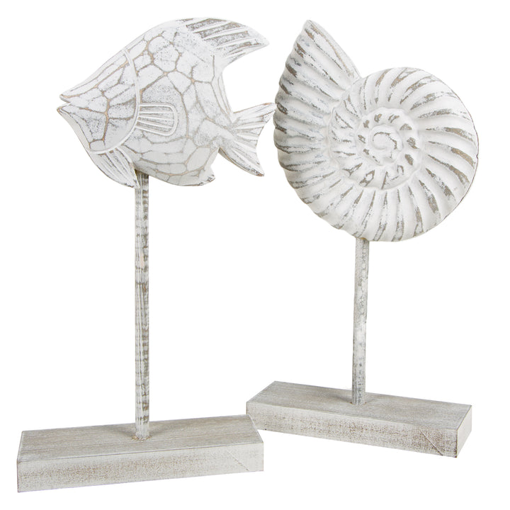 Maritimes Deko Set Muschel + Fisch aus Holz weiß 33-38 cm hoch - Foto 1