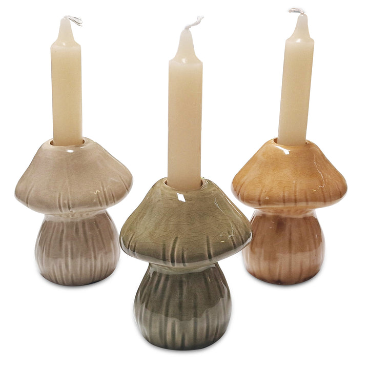3 Pilze Kerzenhalter mit Stabkerzen Keramik Figuren Kerzenständer Herbst Deko grün orange 10 cm - Foto 1