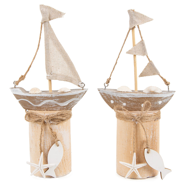 2 naturfarbene Segelschiffe 22 cm - Segelboot Figuren aus Holz - Foto 1