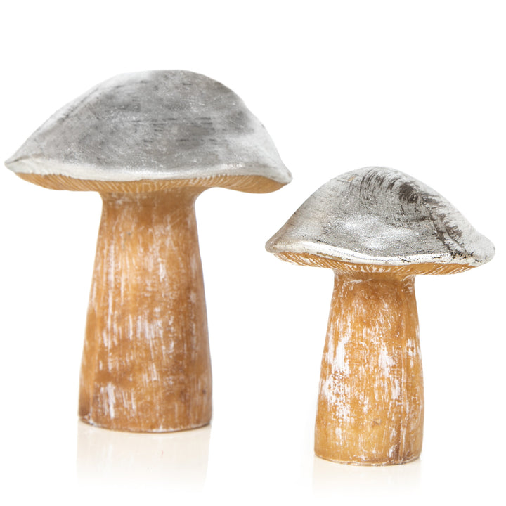 2 Holz Pilz Figuren Natur Silber - herbstliche Dekofiguren 12-15,5 cm - Foto 1