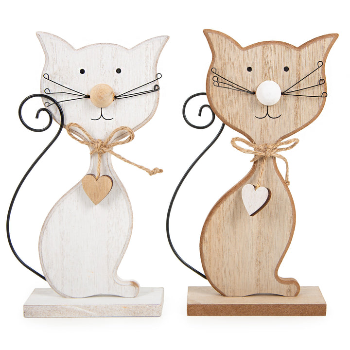 Katzen Figuren Set aus Holz - braun weiß Katzenpaar 20 cm - Foto 1