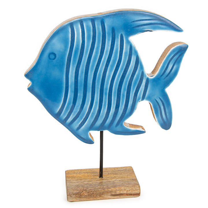 Fisch Figur aus Holz blau braun Dekoobjekt maritim Badezimmer Dekoration zum Hinstellen 25 cm - Foto 1