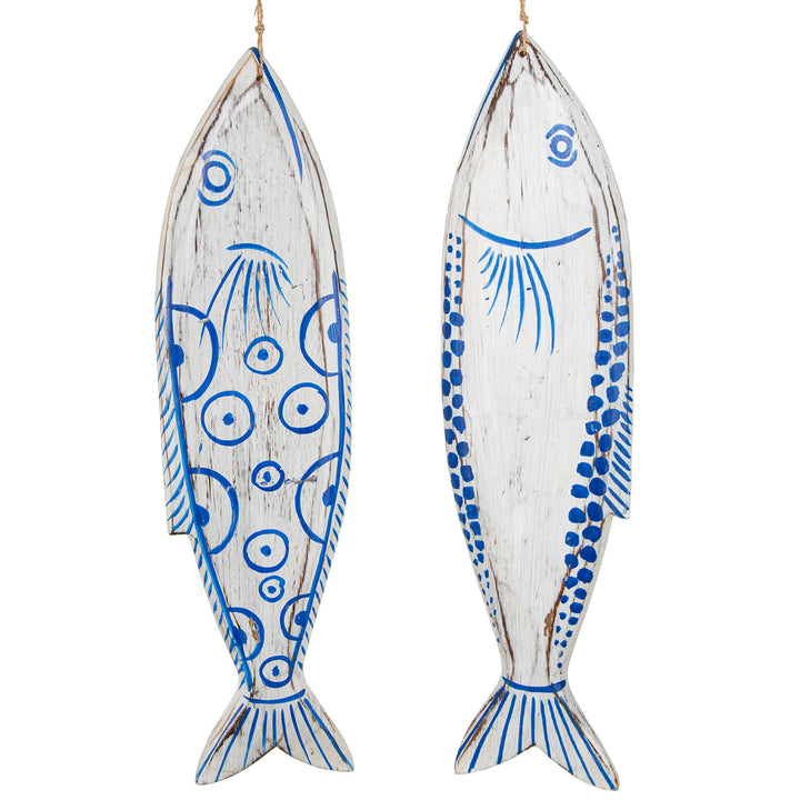 2 große Deko Fische aus Holz zum Aufhängen Holzfische blau weiß Badezimmer 38 cm - Foto 1