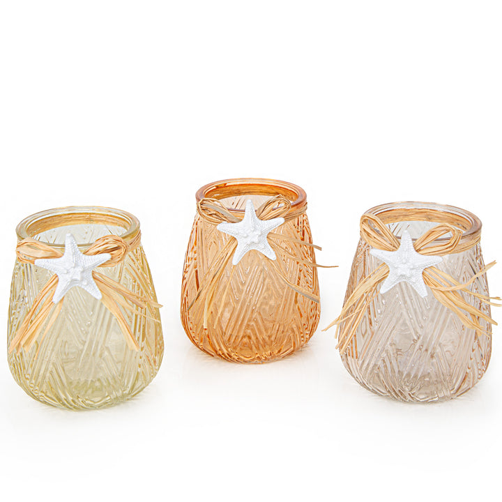 Teelichthalter Set maritim mit Seesternen 3 Stück Glas Windlichter orange grün rosa Sommer Deko 10 x 9 cm - Foto 1
