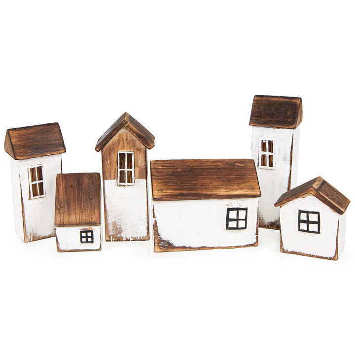 6 Maritime Häuser Deko Set Holzhäuser braun weiß mediterrane Dekoration Häuserzeile 33 x 3 x 12 cm - Foto 1