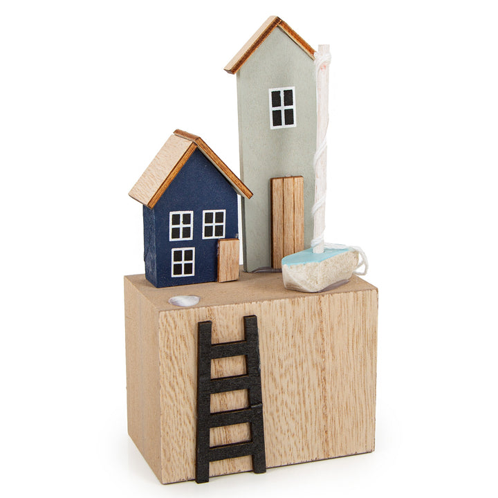 Strandhaus Dekofigur aus Holz Maritime Deko Ferienhaus Hafenstadt Figur blau braun16 cm - Foto 1