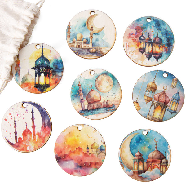 8 Ramadan Geschenke Weihnachten Anhänger aus Holz Verzierung Tischdekoration für Bayram Eid Al-Fitr 6 cm bunt - Foto 1
