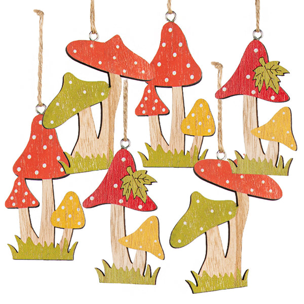 12 Pilze aus Holz zum Aufhängen - Weihnachtsdeko 8 cm rot grün orange
