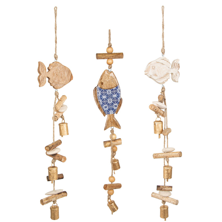 Meer Deko Set 3 Holz Anhänger Fische braun blau Fischernetz Badezimmer Dekoration 55-70 cm - Foto 1