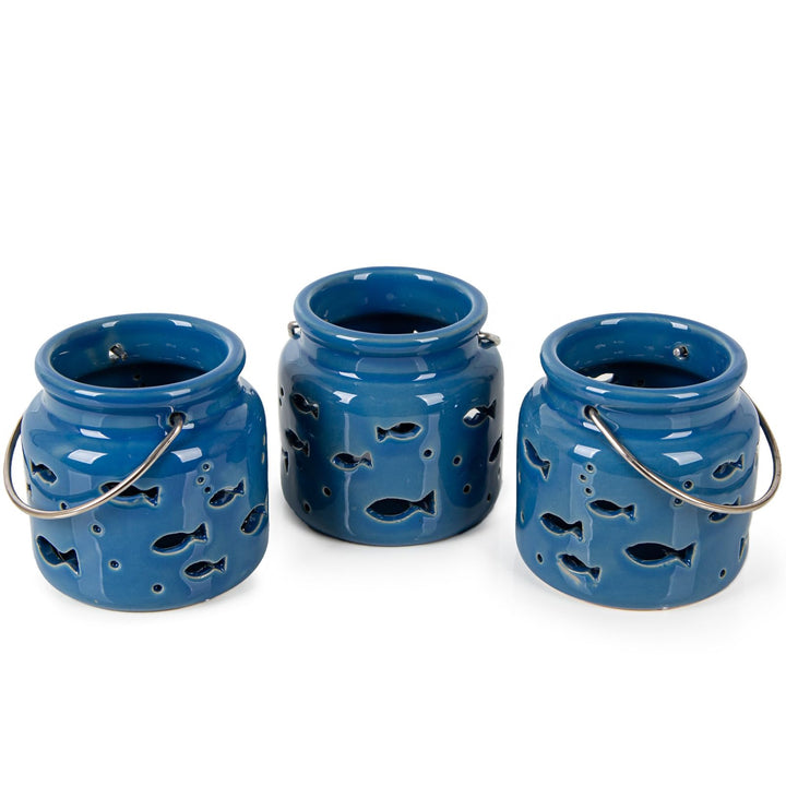 3 Maritime Kerzenhalter Teelichthalter blau mit Fischen Tischdeko Taufe Kommunion Konfirmation 8 cm - Foto 1