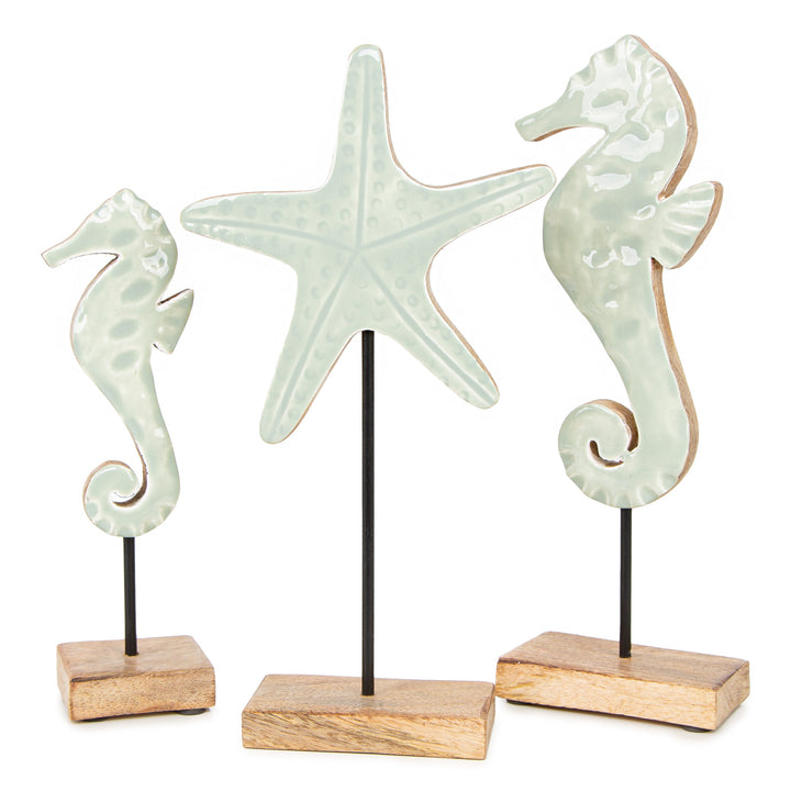 Maritime Deko Figuren aus Holz 3er Set Seepferdchen + Seestern mintgrün Sommer Baddeko 19-28 cm - Foto 1