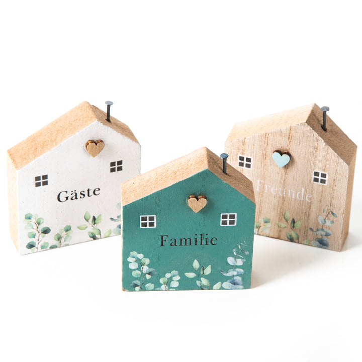 3 kleine Holz Häuser Familie Glück Freude Deko Häuschen zum Hinstellen Eukalyptus Wohndeko Geschenk Set 8 cm grün weiß - Foto 1