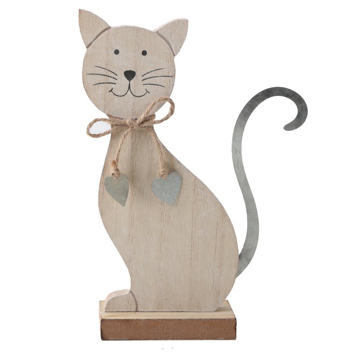 Katze aus Holz & Metall braun Silber - Katzenfigur zum Hinstellen 19 x 11 cm - Foto 1