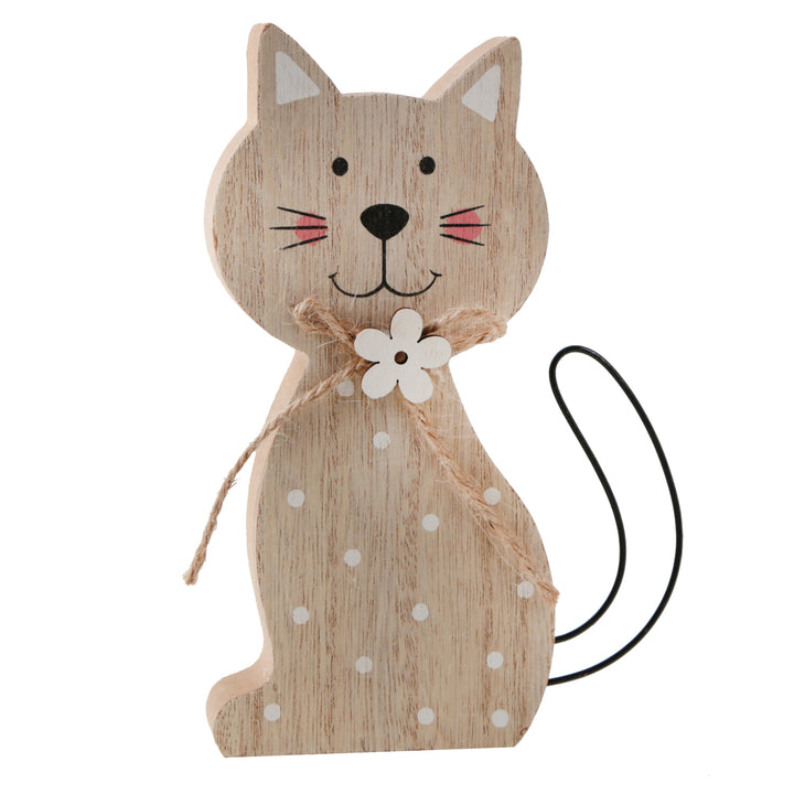 Holz Katze Dekofigur braun weiß - Katzenfigur Ostern Frühling 15 cm - Foto 1