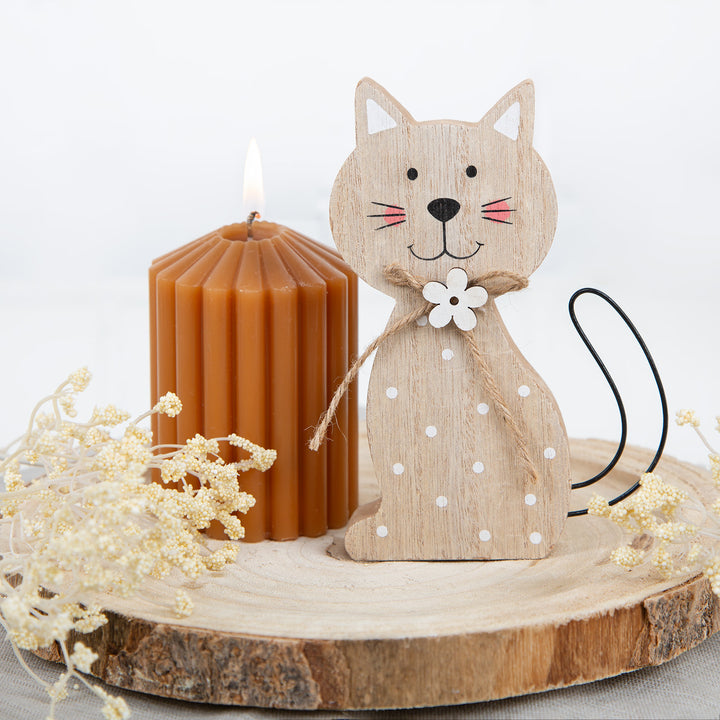 Holz Katze Dekofigur braun weiß - Katzenfigur Ostern Frühling 15 cm - Foto 2