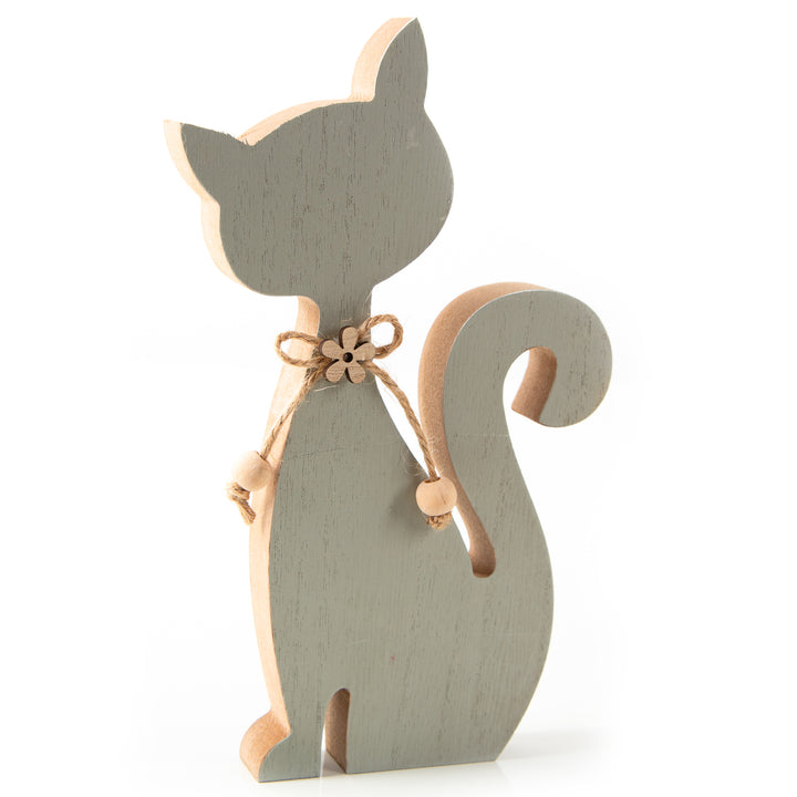 Holz Katze zum Hinstellen Katzenfigur Dekokatze als Geschenk & Dekoration 19,5 x 12 cm grau - Foto 1
