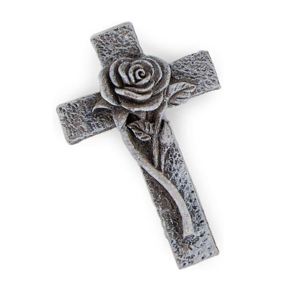 Kleines Trauerkreuz grau mit Rose als Grabschmuck Grab Deko 7,5 x 4 cm - Foto 1
