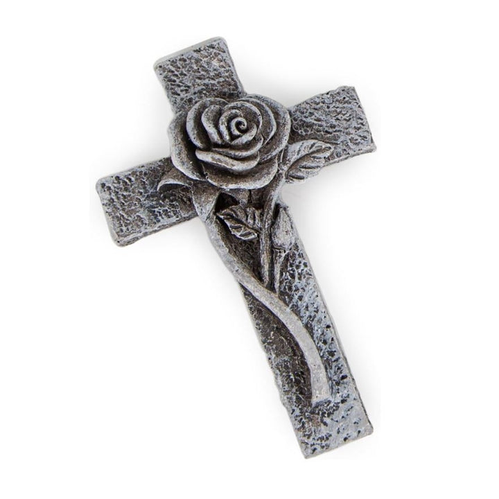 Kleines Trauerkreuz grau mit Rose als Grabschmuck Grab Deko 7,5 x 4 cm - Foto 1