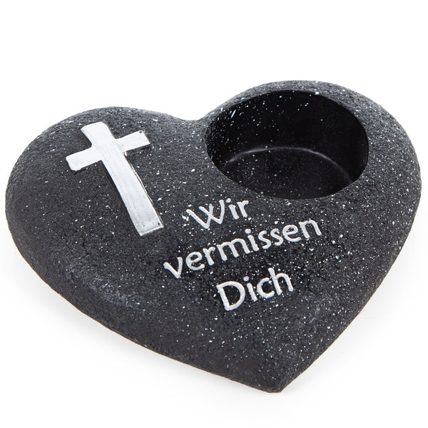 Grablichthalter Herz mit Inschrift Wir vermissen Dich Halterung für Grabkerze grau 19,5 x 17 x 5,5 cm - Foto 1