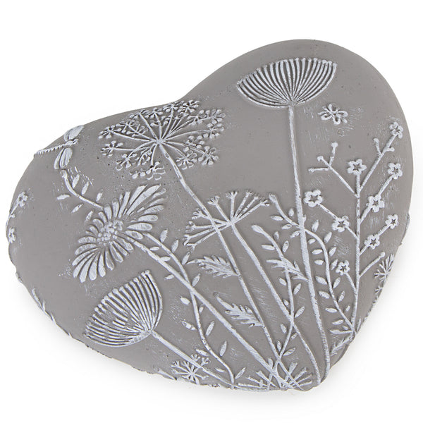 Deko Herz mit Blumenmuster Grabherz Trauerherz mit Pusteblumen Grabschmuck aus Beton grau weiß 18,5 x 15 x 5 cm - Foto 1