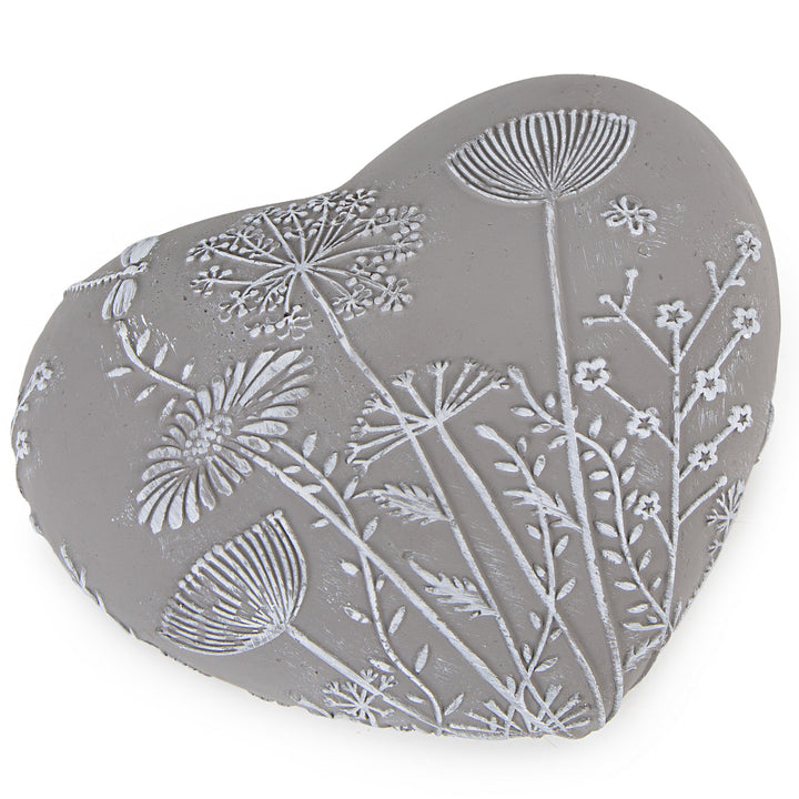 Deko Herz mit Blumenmuster Grabherz Trauerherz mit Pusteblumen Grabschmuck aus Beton grau weiß 18,5 x 15 x 5 cm - Foto 1