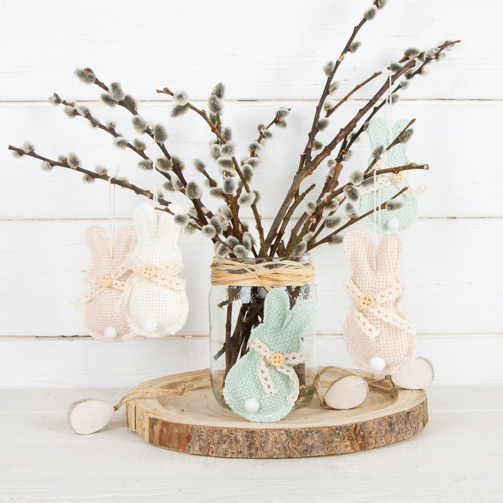 6 Hasen Anhänger aus Stoff Altrosa grün Strickmuster 10 cm - Foto 2