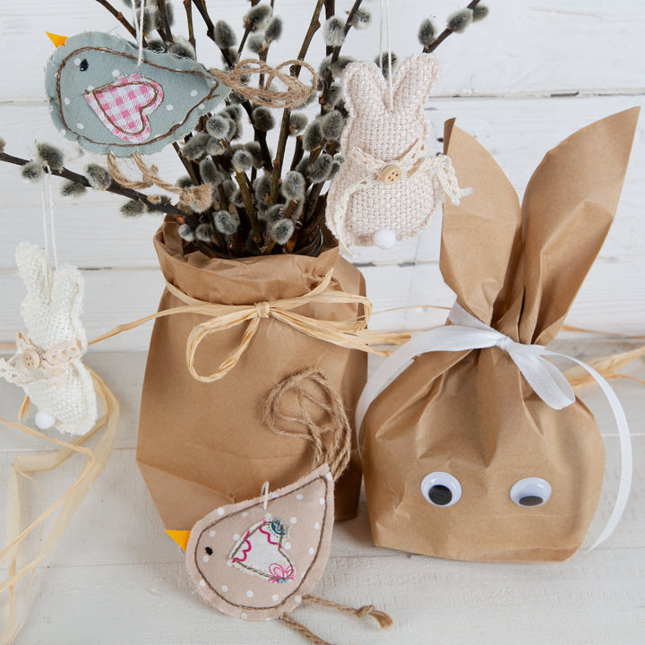 6 Hasen Anhänger aus Stoff Altrosa grün Strickmuster 10 cm - Foto 3