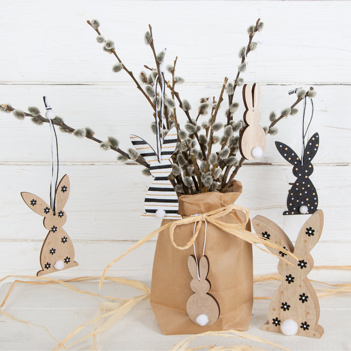 4 Ostern Holzhasen 15 cm Osterhase braun weiß mit Blümchen - Foto 2