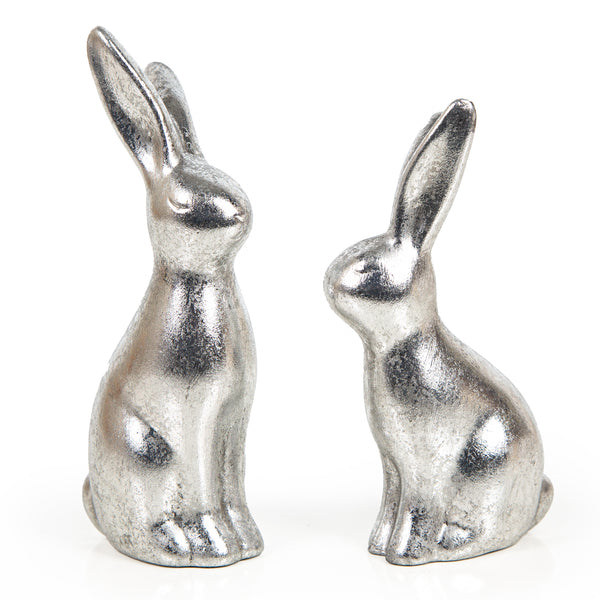 Osterhasen Figuren Silber glänzend aus Keramik Dekoration 14 + 16 cm - Foto 1
