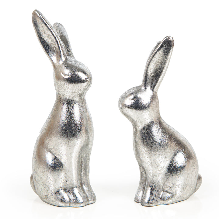 Osterhasen Figuren Silber glänzend aus Keramik Dekoration 14 + 16 cm - Foto 1