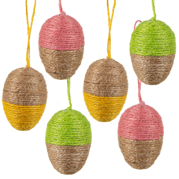 6 Bunte Ostereier mit Jute umwickelt braun rosa gelb grün Osteranhänger 6 cm - Foto 1