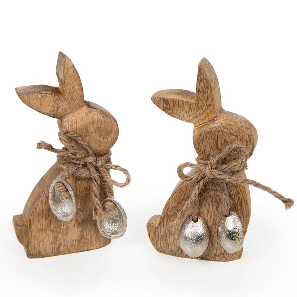 Osterhasen Set 2 Hasen Figuren aus Holz braun Silber Dekohase Ostern Deko 14 cm - Foto 1