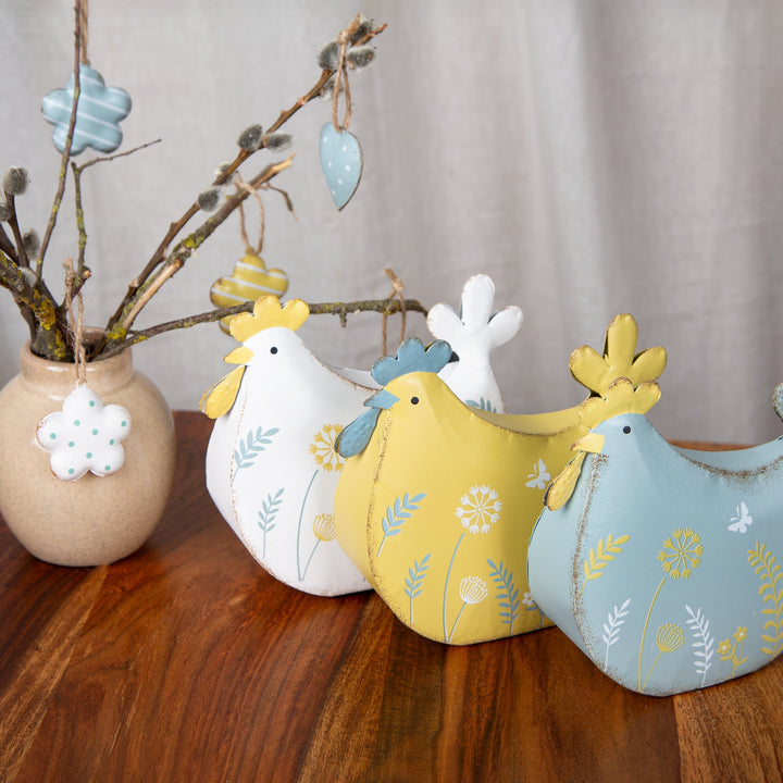 3 Metall Hühner gelb weiß blau Osterdekoration Frühlingsdeko zum Hinstellen 15 cm - Foto 5