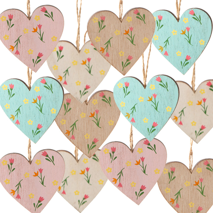 12 Holzherzen zum Aufhängen Pastell bunt Herz Anhänger Osterdekoration Frühling Hochzeit Deko 7 cm - Foto 1